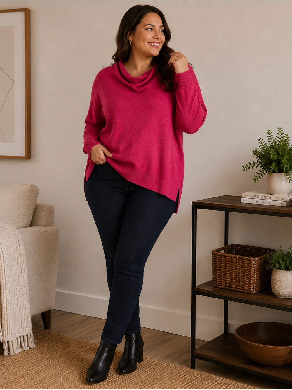 Talbots Hot Pink Cowl-Neck Lightweight Knit Sweater